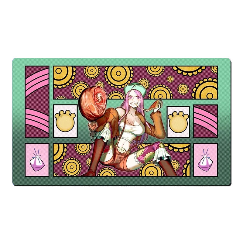 A rectangular printed card or art panel featuring anime-style illustrated characters and decorative geometric patterns, shown against a plain white background.