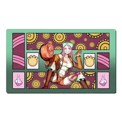 A rectangular printed card or art panel featuring anime-style illustrated characters and decorative geometric patterns, shown against a plain white background.
