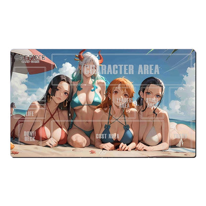 A rectangular anime-themed gaming playmat featuring four female characters in swimwear on a beach under a blue sky. The playmat has translucent grid lines and text labels such as 'ATTRACTOR AREA' and character names like 'LIFE', 'BIOHATE', 'COST AREA', and 'STRAIGHT'.