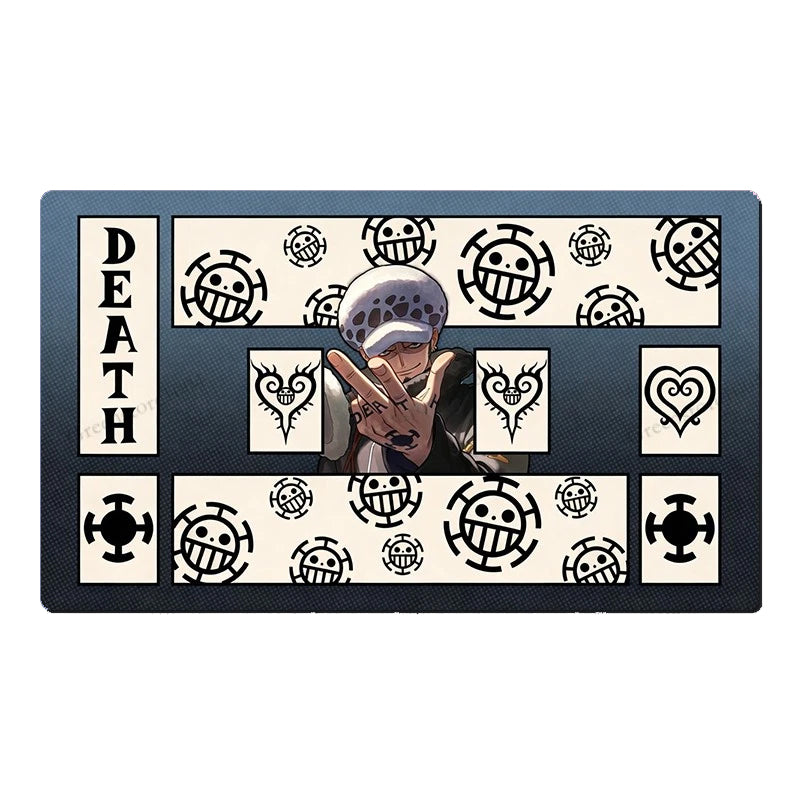 A rectangular anime-themed mat or plaque featuring the character Death from One Piece, with repeated One Piece skull logos and the word 'DEATH' on a black background.