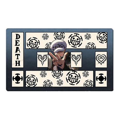 A rectangular anime-themed mat or plaque featuring the character Death from One Piece, with repeated One Piece skull logos and the word 'DEATH' on a black background.