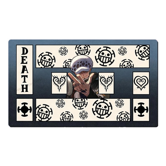 A rectangular anime-themed mat or plaque featuring the character Death from One Piece, with repeated One Piece skull logos and the word 'DEATH' on a black background.