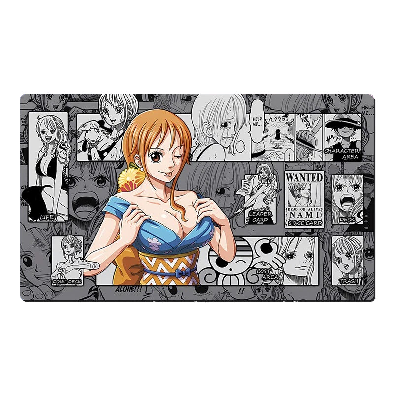 A rectangular printed mat or case featuring anime artwork from One Piece, centered on a plain white background. The design shows a grayscale collage of character panels and faces with a large illustrated character in the middle wearing a blue and orange outfit.