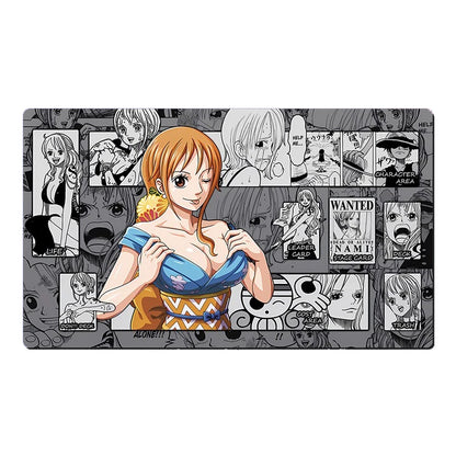 A rectangular printed mat or case featuring anime artwork from One Piece, centered on a plain white background. The design shows a grayscale collage of character panels and faces with a large illustrated character in the middle wearing a blue and orange outfit.