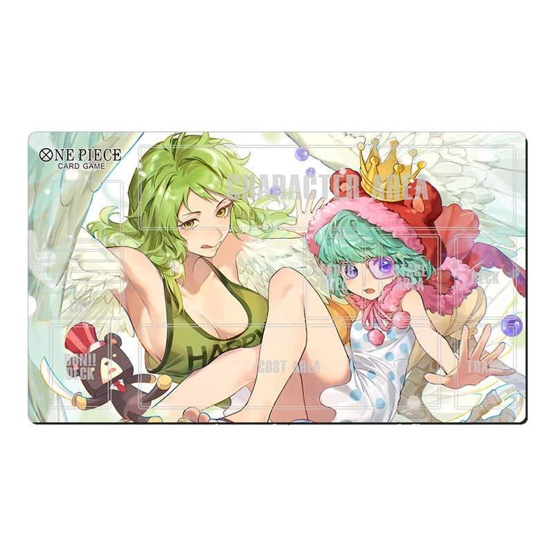 A One Piece Card Game collectible card mat featuring an anime illustration of Brook and Nico Robin on a white background.