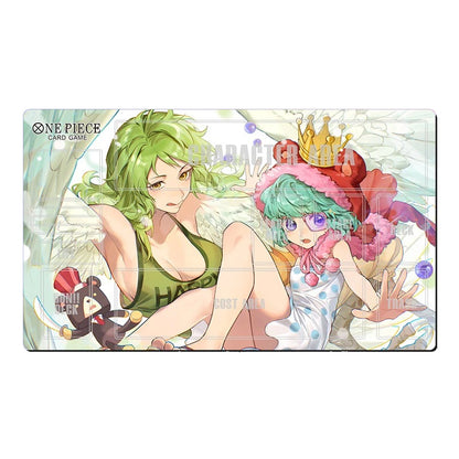 A One Piece Card Game collectible card mat featuring an anime illustration of Brook and Nico Robin on a white background.