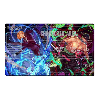 A rectangular anime-themed gaming playmat featuring characters from One Piece, with sections labeled for landing, attack, and trash, set against a plain white background.