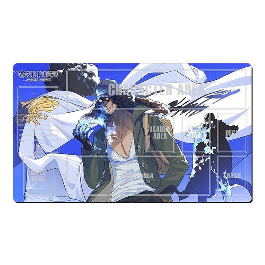 A rectangular anime playmat featuring characters from One Piece, with a blue and white background and printed playmat sections labeled for leadership and clash.