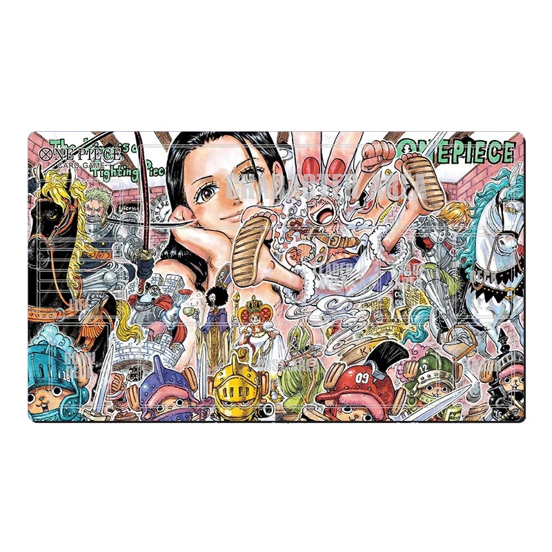 A rectangular collectible card or playmat featuring a dense, colorful One Piece anime illustration with multiple characters and thematic details on a white background.