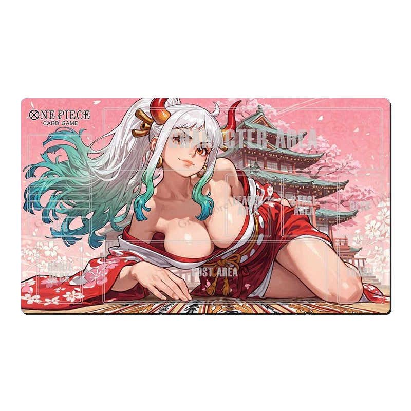 A One Piece Card Game playmat featuring an anime illustration of a female character with white and teal hair, wearing a red outfit, posed in front of a pink temple and cherry blossom background. The text 'ONE PIECE CARD GAME' is visible in the top-left corner.