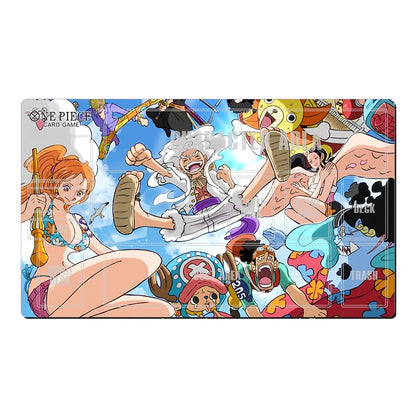 A rectangular One Piece Card Game playmat featuring a highly detailed, colorful anime illustration of multiple characters from the One Piece series on a white background.