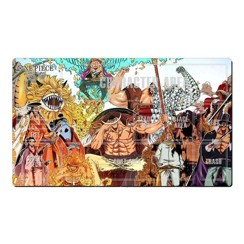 A rectangular metal license plate featuring a detailed anime illustration from One Piece, showcasing various characters in a vibrant, crowded composition. The brand 'One Piece' is clearly visible in the top-left corner of the artwork.