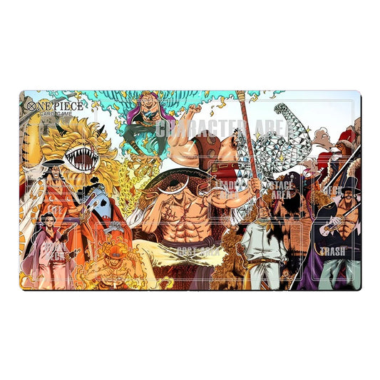A rectangular metal license plate featuring a detailed anime illustration from One Piece, showcasing various characters in a vibrant, crowded composition. The brand 'One Piece' is clearly visible in the top-left corner of the artwork.