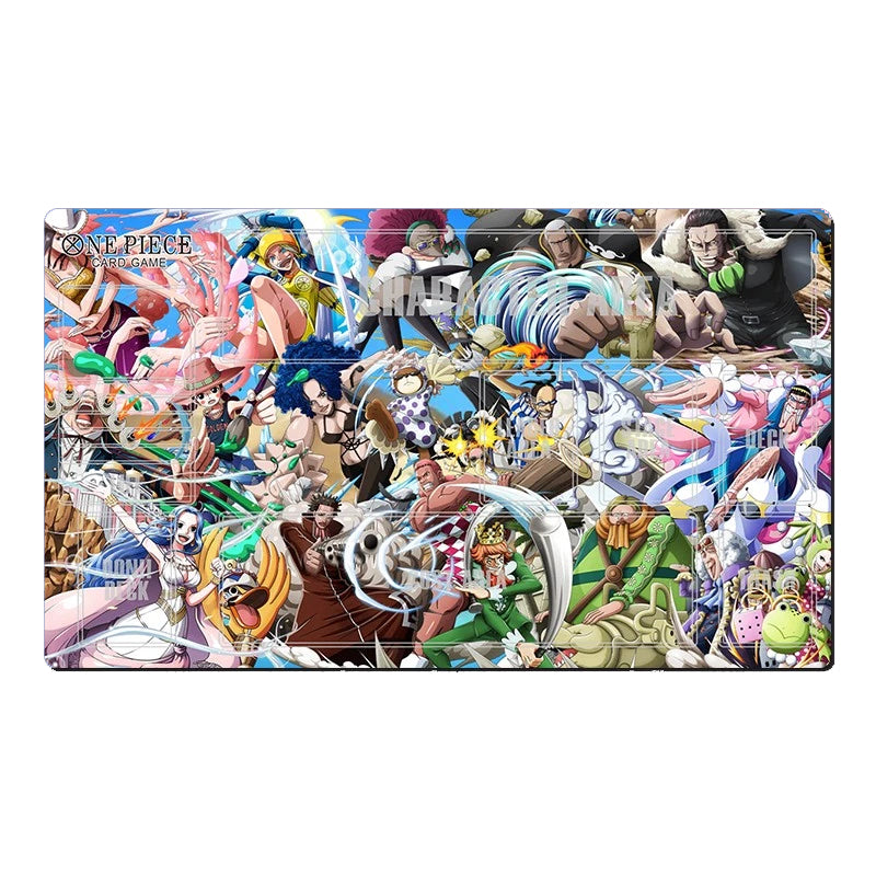 A rectangular desk mat or mousepad featuring a dense, colorful One Piece: Grand Battle anime collage, shown on a plain white background.