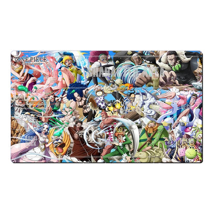 A rectangular desk mat or mousepad featuring a dense, colorful One Piece: Grand Battle anime collage, shown on a plain white background.