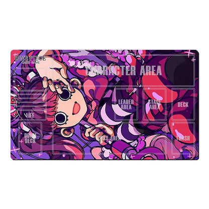 A rectangular gaming playmat with rounded corners, featuring a colorful anime-style character illustration in shades of purple, pink, and black. The playmat is laid flat against a solid white background, with various labeled sections such as 'CHARACTER AREA', 'LEADER AREA', 'STAR AREA', 'DECK', and 'HASH'.