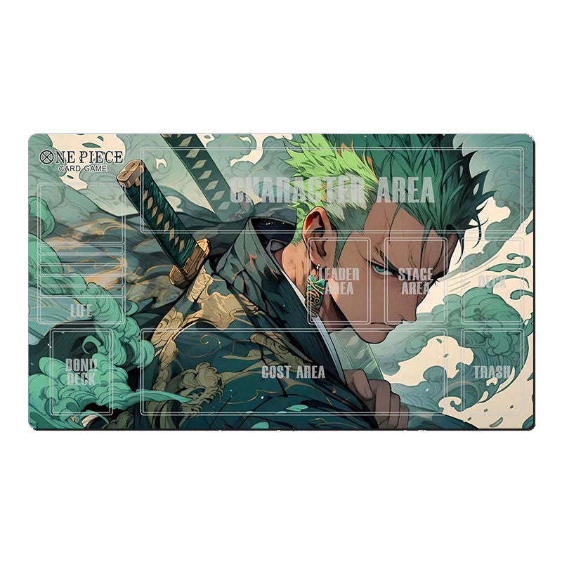 A rectangular One Piece: Pirate Gear character playmat featuring an illustrated scene of Zoro with green hair surrounded by waves. The mat includes labeled sections for Life, Cost, Leader, Stage, and Trash, and the One Piece logo is visible in the top left.