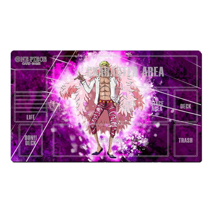 A One Piece Card Game mat featuring a vibrant purple and pink design with the character Brook in the center, surrounded by play areas labeled Life, Deck, Trash, and Don't Deck.