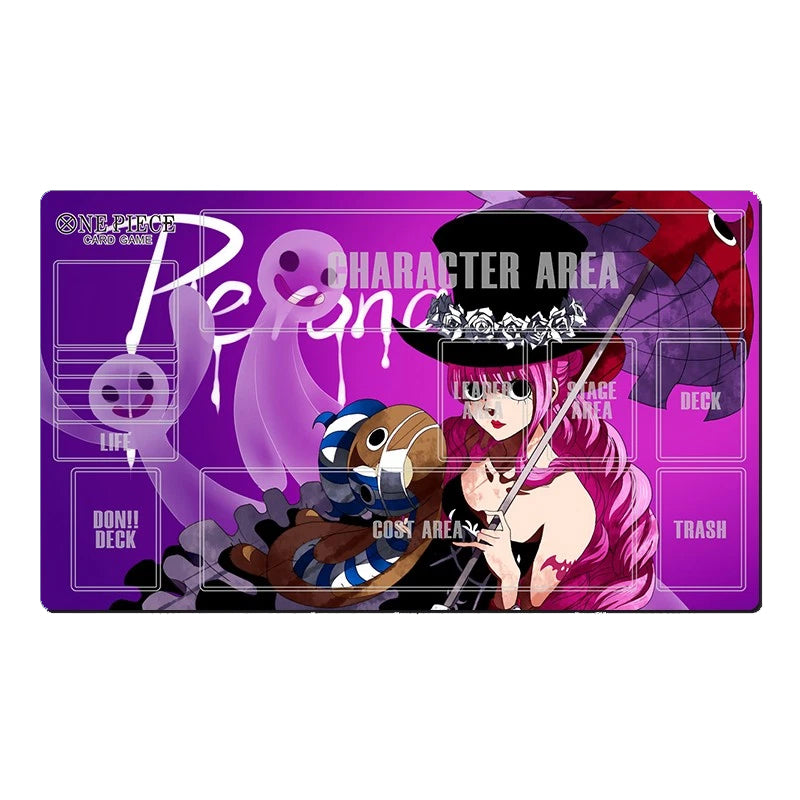 A purple anime-themed gaming playmat featuring characters from One Piece, including Roronoa and Zoro, with labeled sections for life, character area, deck, donut deck, cost area, and trash.