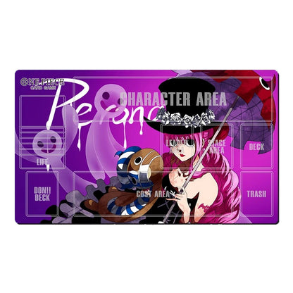 A purple anime-themed gaming playmat featuring characters from One Piece, including Roronoa and Zoro, with labeled sections for life, character area, deck, donut deck, cost area, and trash.
