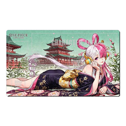 A One Piece Card Game character card featuring the anime character Nico Robin, shown in a Japanese kimono with pink hair and bunny ears, set against a scenic background of Eddystone Castle on a mint green sea.