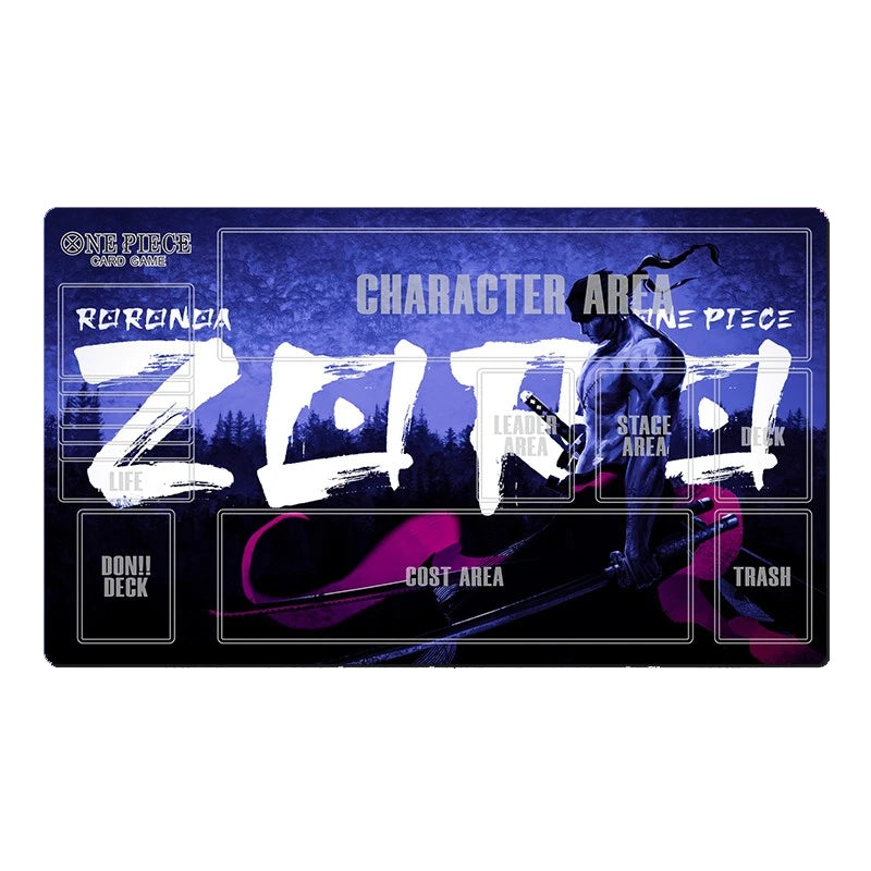 A One Piece Card War playmat featuring a dark blue and black background with a silhouette of Zoro from One Piece, large white brushstroke-style 'ZORO' text, and labeled card war zones such as character area, deck, cost area, and trash.