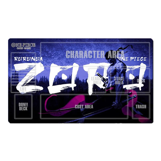 A One Piece Card War playmat featuring a dark blue and black background with a silhouette of Zoro from One Piece, large white brushstroke-style 'ZORO' text, and labeled card war zones such as character area, deck, cost area, and trash.