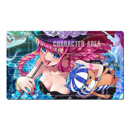 A rectangular One Piece Trading Card Game playmat featuring an illustrated anime character with pink hair, a black hat with purple flowers, and a blue-and-white striped hat, set against a blue and purple sci-fi background. The One Piece Trading Card Game logo is visible in the top-left corner.