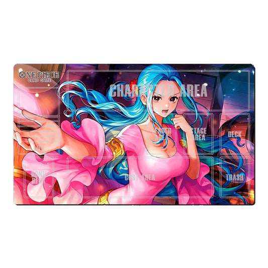 A rectangular gaming playmat featuring an anime-style illustration of a blue-haired woman in a pink dress, with game area labels including 'CHAMPION AREA', 'SUPER VANGUARD', 'DECK', and 'TRASH' printed on it.