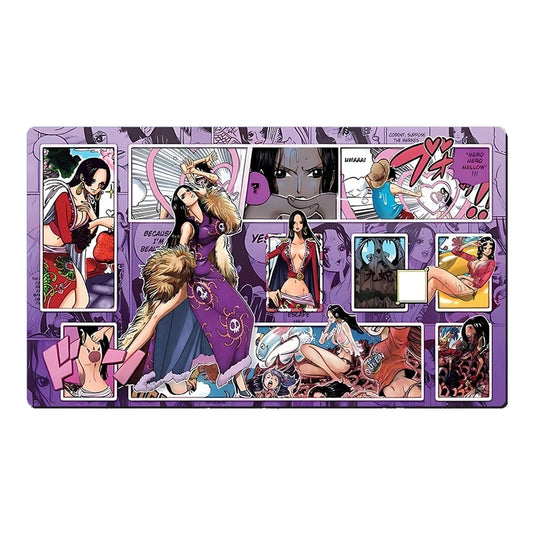 A rectangular anime-themed playmat featuring a collage of manga-style illustrations on a purple background, shown against a plain white backdrop.