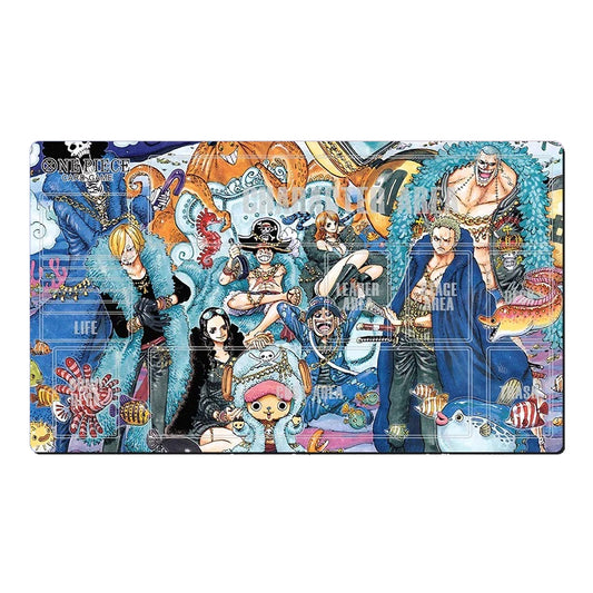 A rectangular anime art print or card featuring a colorful One Piece illustration with multiple characters and ocean-themed artwork, shown against a plain white background.