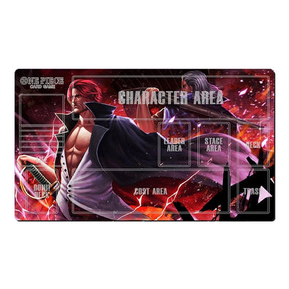 A rectangular One Piece Card Game playmat featuring character artwork from the anime, with labeled zones such as Character Area, Leader Area, Stage Area, Host Area, and Trash.