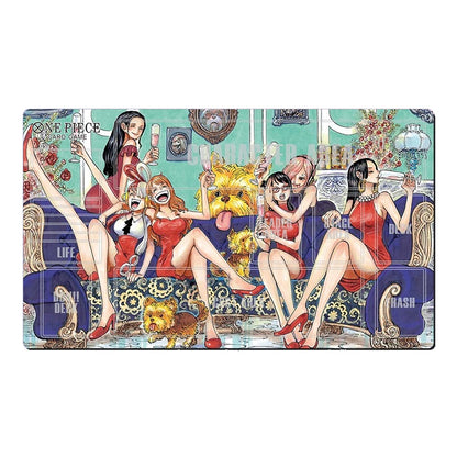 A rectangular metal license plate featuring a colorful One Piece anime illustration of the Straw Hats lounging on a blue sofa with drinks and a dog, shown on a plain white background.