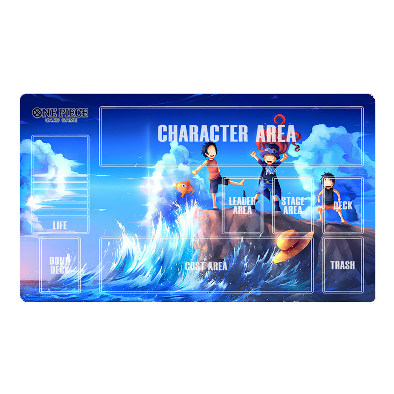 Playmat with 'One Piece' character design on a blue wave background