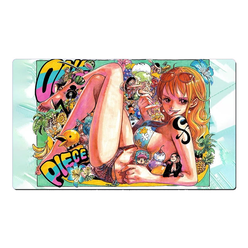 Colorful illustration of a character with tattoos and a scenic background, featuring the word 'One Piece'.