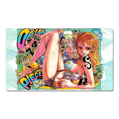 Colorful illustration of a character with tattoos and a scenic background, featuring the word 'One Piece'.