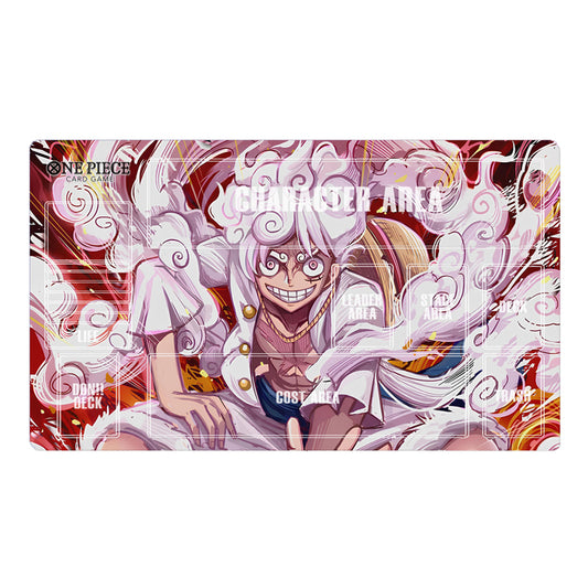 Card game mat with anime character design on a white background