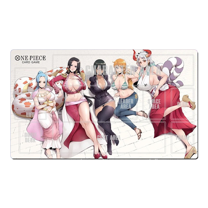 Card game mat featuring animated characters from 'One Piece' on a white background