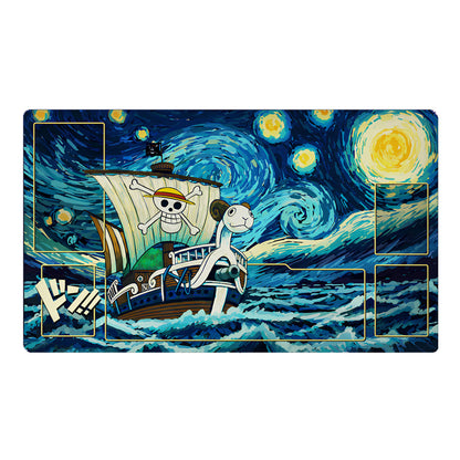 Pirate ship with a skull and crossbones on a 'Starry Night'-style background