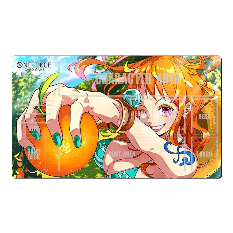 Card game playmat featuring an anime character with orange hair and a deck box.