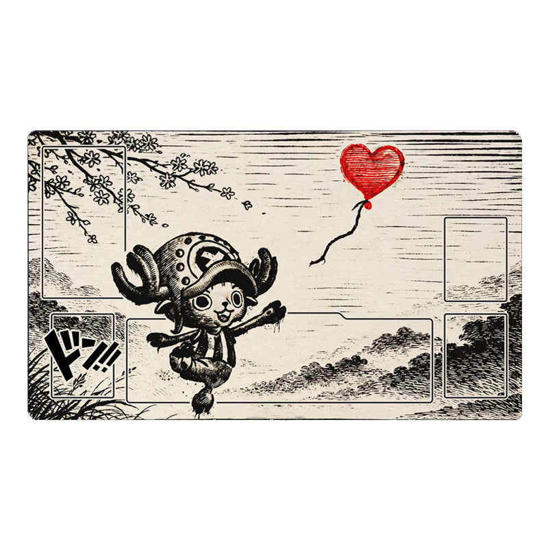 Illustration of a character with a heart-shaped balloon on a stylized landscape background