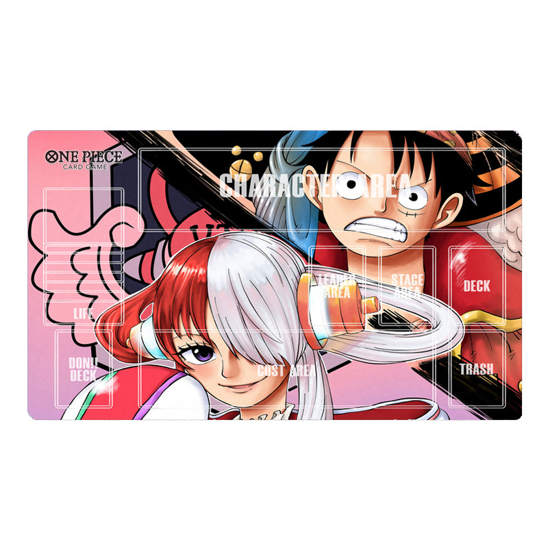 Card game mat with anime characters from 'One Piece' on a white background