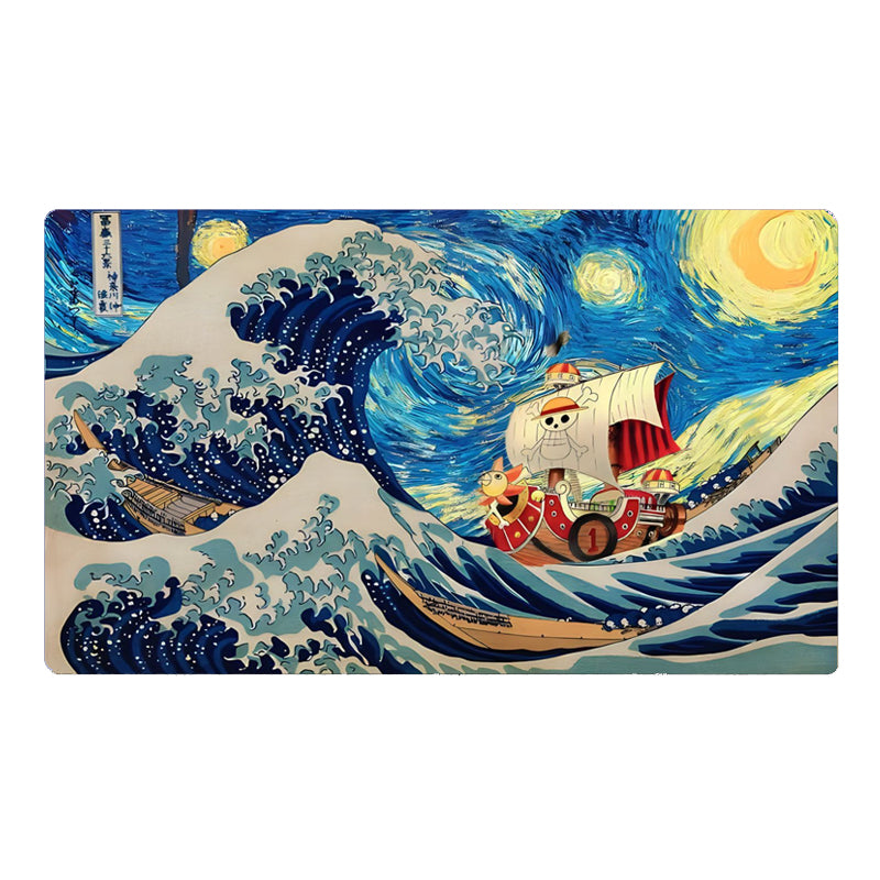 Surreal artwork blending 'The Great Wave off Kanagawa' with a ship from 'One Piece' on a white background
