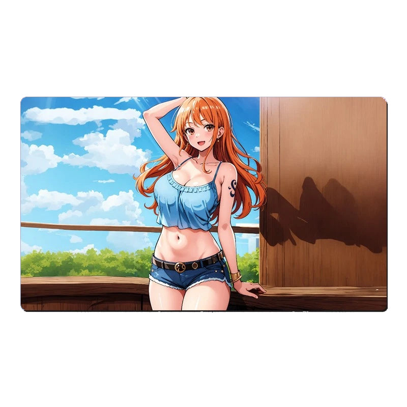 Anime-style character with red hair and blue top standing on a wooden deck with a scenic background.