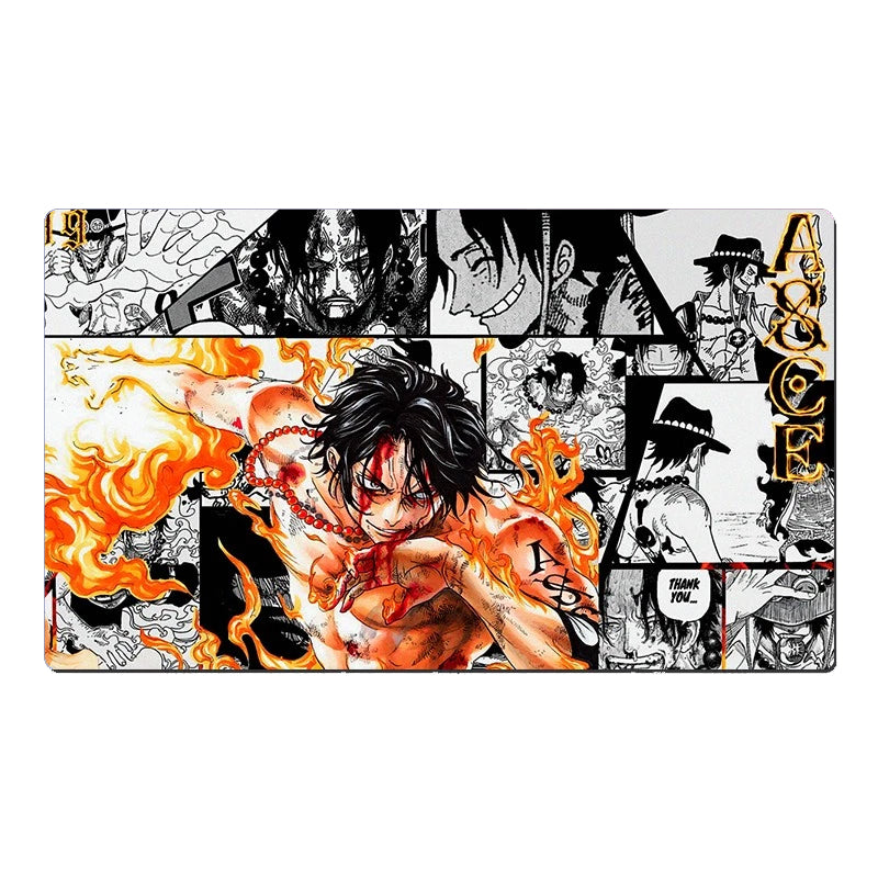 Collage of anime characters with a prominent central figure in flames on a white background.