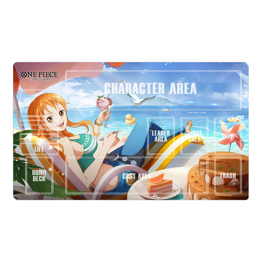 Card game mat with anime character and game areas on a beach scene