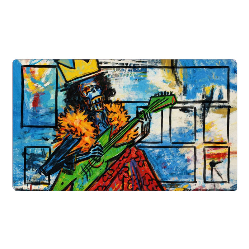 Colorful artwork of a person playing guitar with abstract background