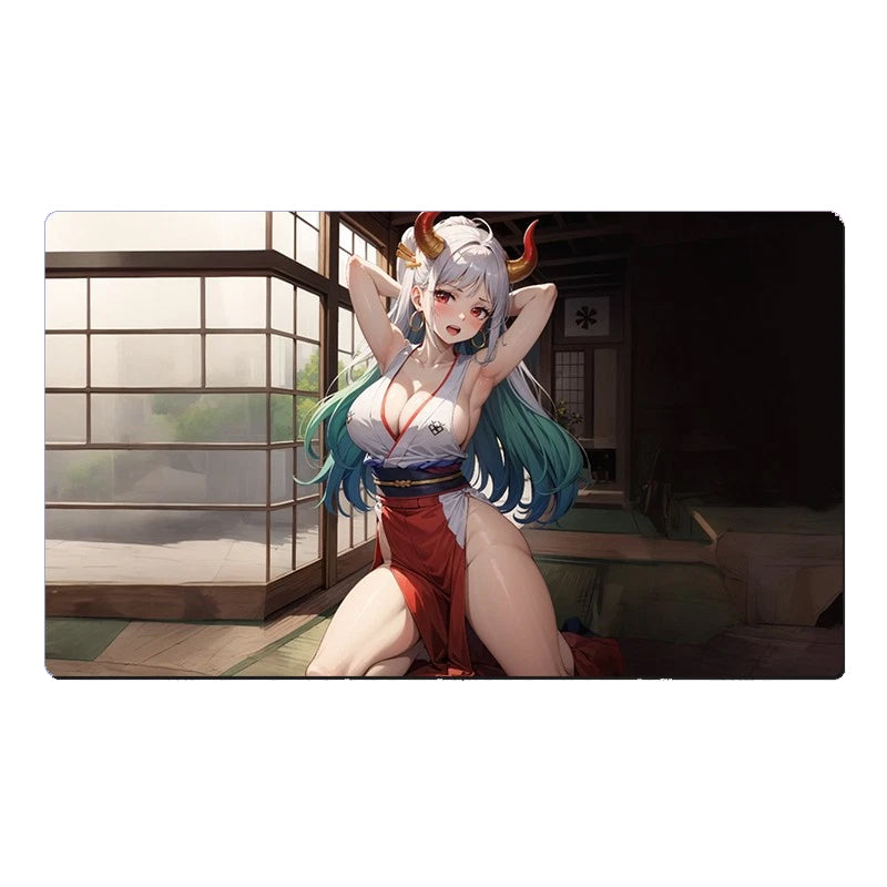Animated character with blue hair and red outfit in a room with sliding doors.