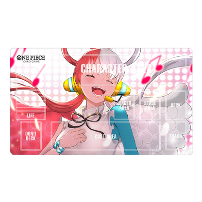 Card game mat featuring an animated character with red hair and colorful accessories on a white background.