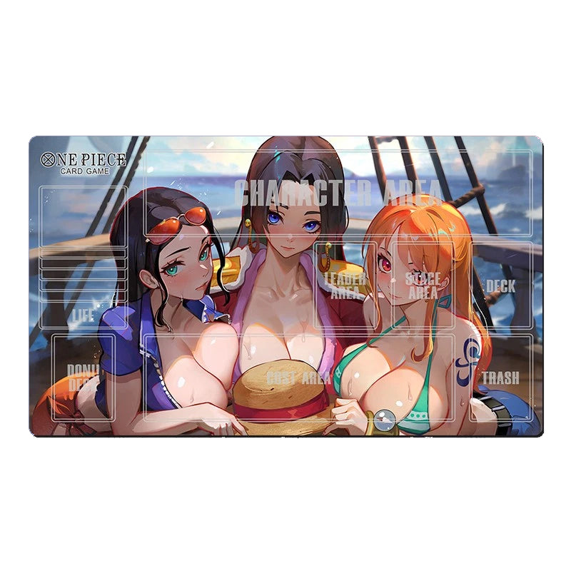 Card game playmat with anime-style characters and game area labels.